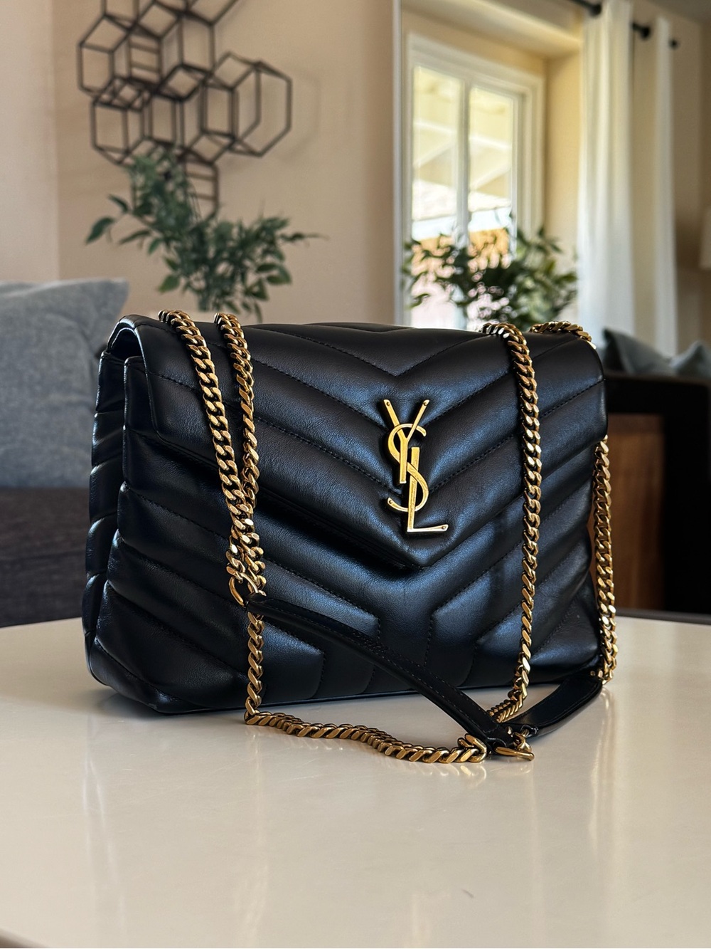 YSL SAINT LAURENT Calfskin Y Quilted Monogram Small Loulou Chain Satchel Black